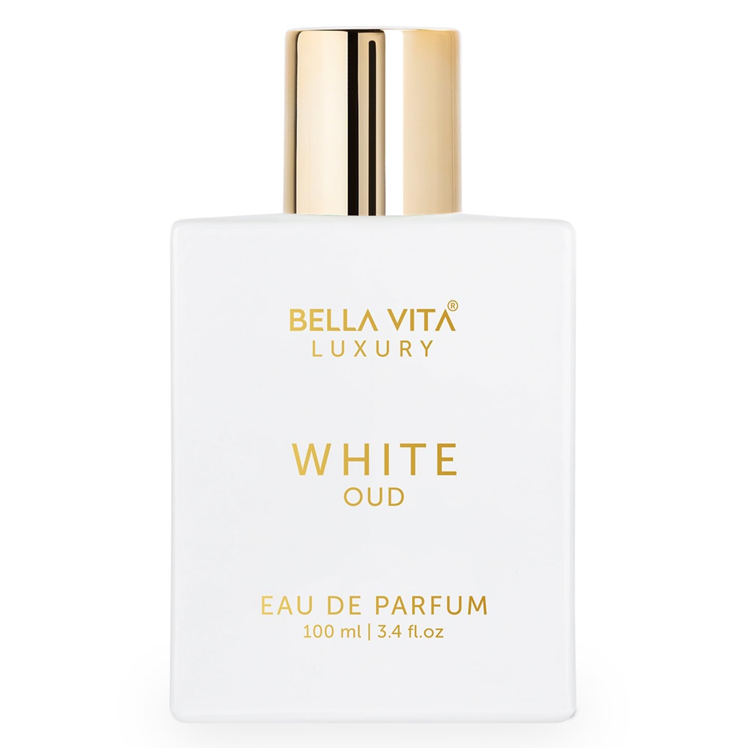 Bella Vita Luxury White Oud, botella de perfume en primer plano, aroma duradero para todo el día.