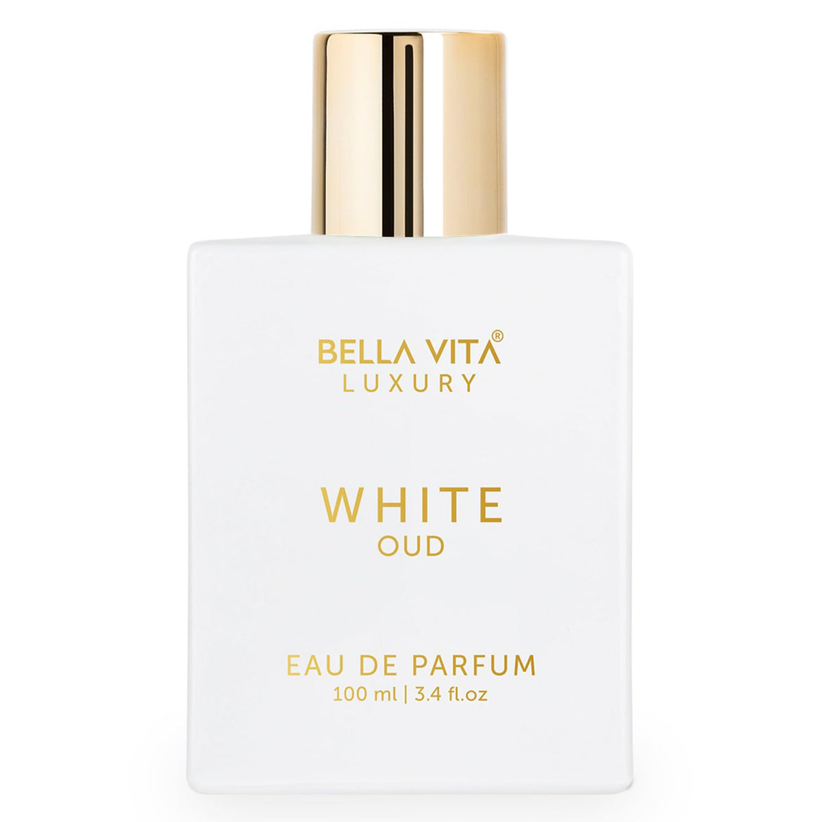 Bella Vita Luxury White Oud, botella de perfume en primer plano, aroma duradero para todo el día.