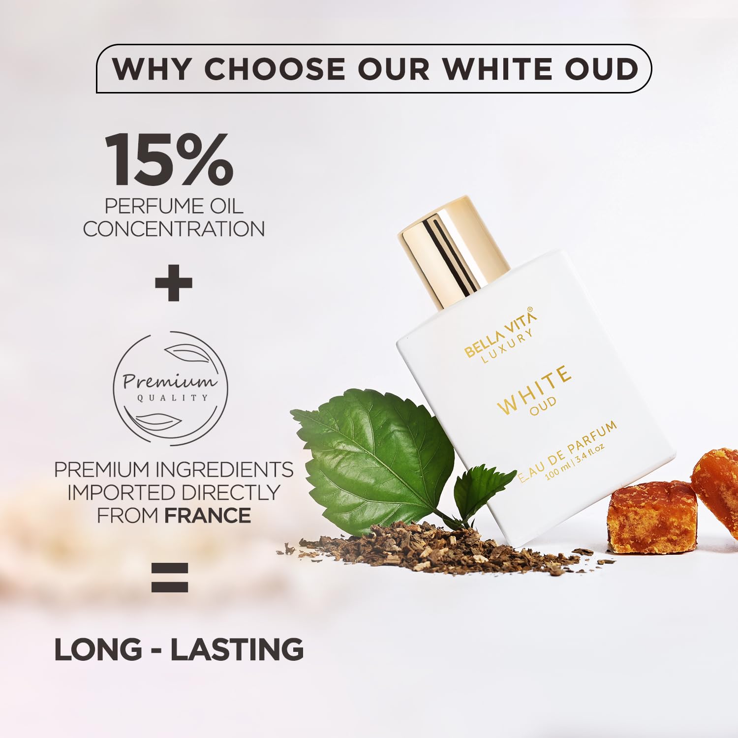 Bella Vita Luxury White Oud, etiqueta y empaque, sensación exótica de oud para ocasiones especiales.