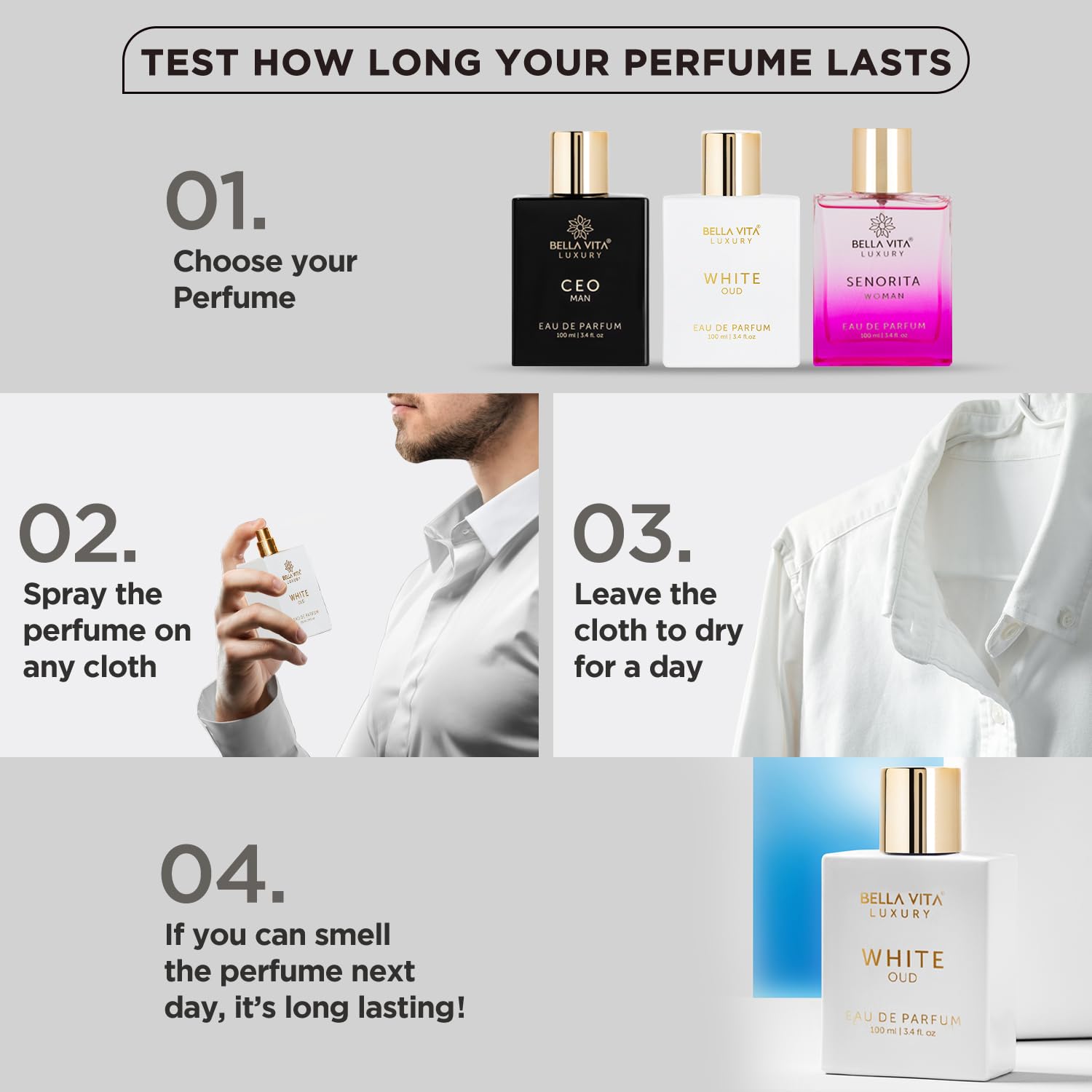 Bella Vita Luxury White Oud, atomizador cómodo, experiencia sensorial prolongada.