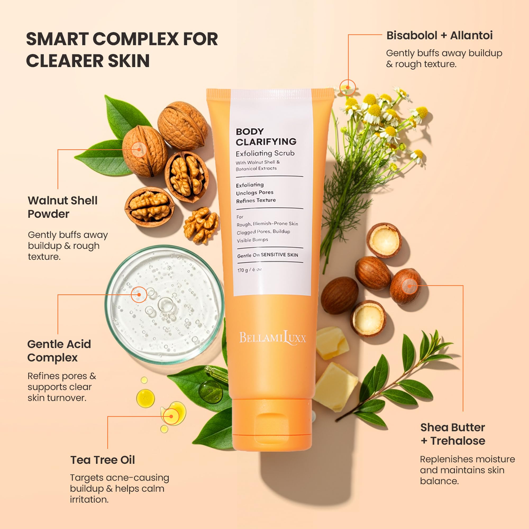 BellamiLuxx exfoliante cuerpo acne con bisabolol y manteca hidrata