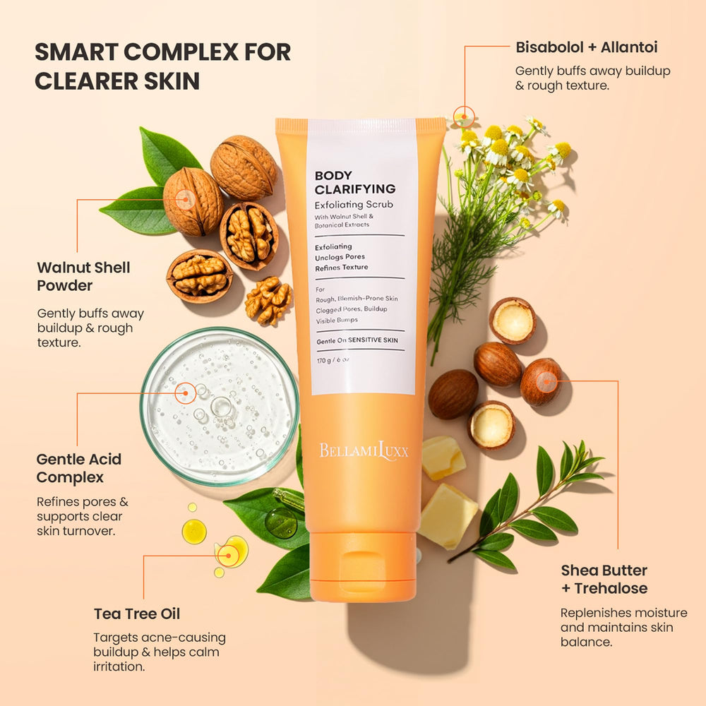 BellamiLuxx exfoliante cuerpo acne con bisabolol y manteca hidrata
