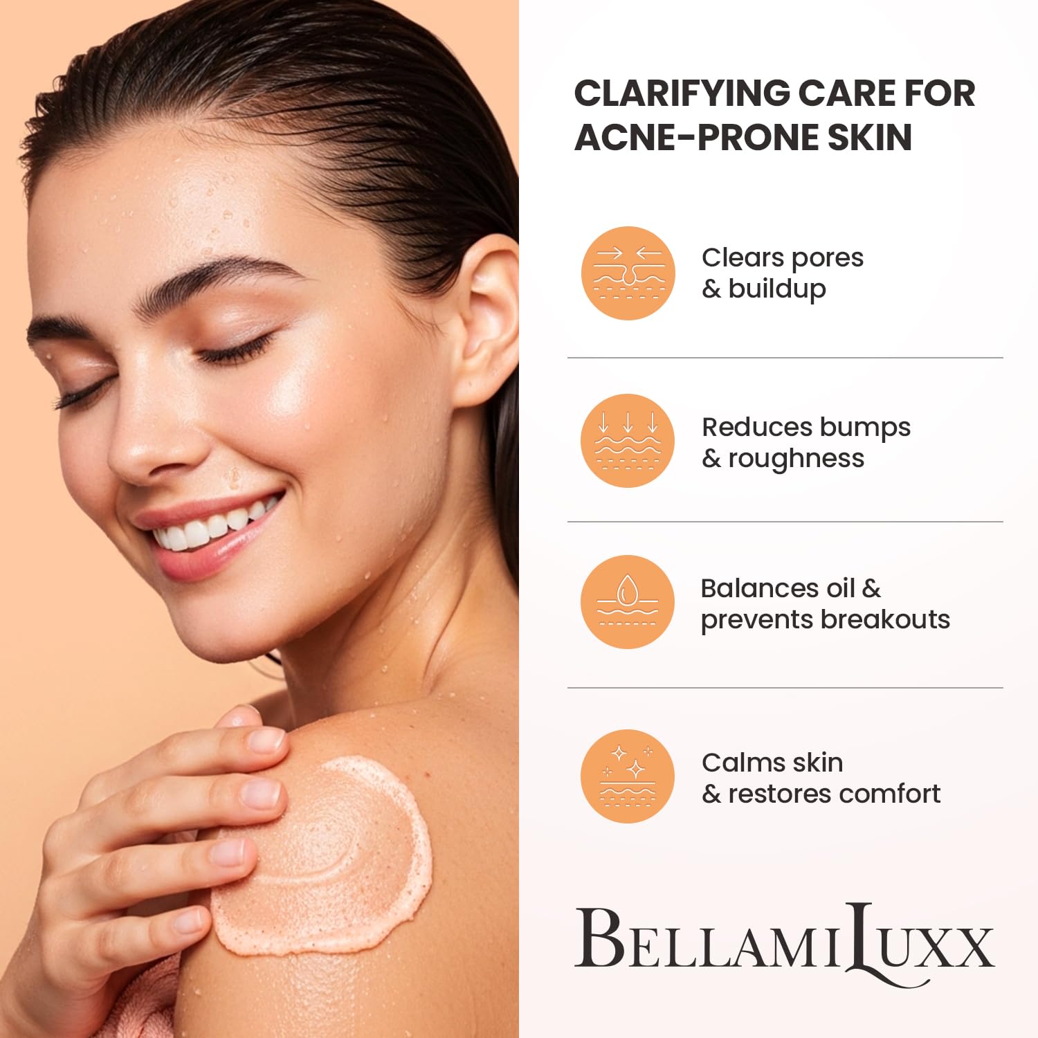 BellamiLuxx exfoliante cuerpo acne textura cremosa para uso diario