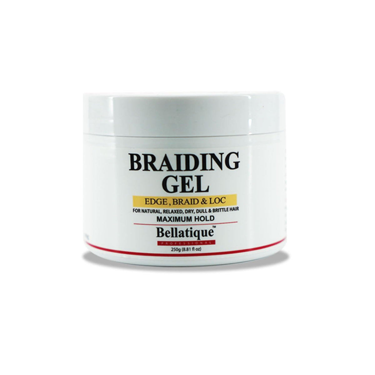 BELLATIQUE gel para bordes, botella visible, acabado limpio y duradero.