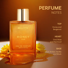 BellaVita Honey Oud: botella trasera, diseño elegante y acabado lujoso.