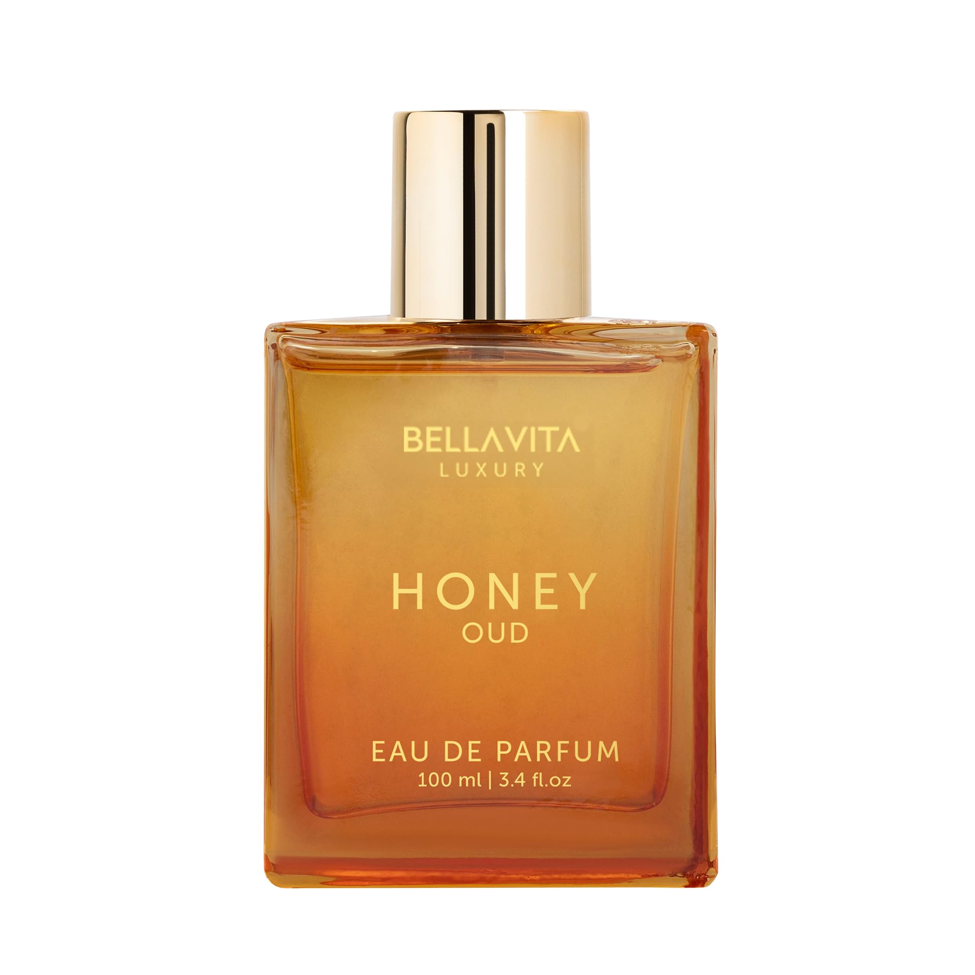 BellaVita Honey Oud: botella frontal, aroma versátil para cualquier ocasión.