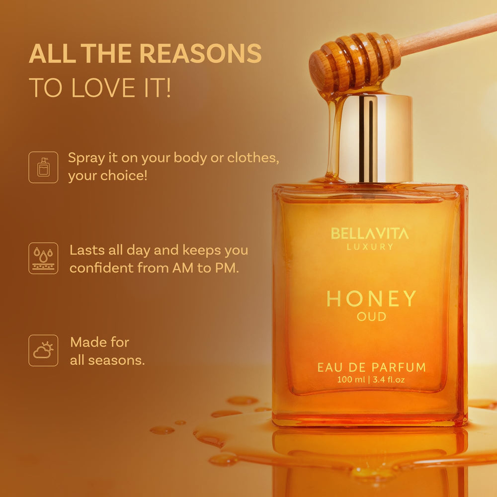 BellaVita Honey Oud: notas base vainilla, ámbar y musk para fijación suave.