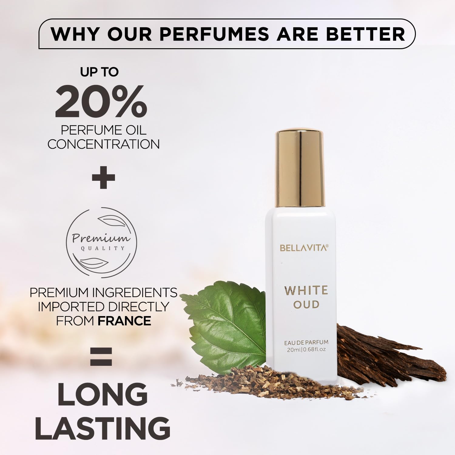 BellaVita Luxury White OUD Parfum, notas ámbar, calidez que acompaña días.