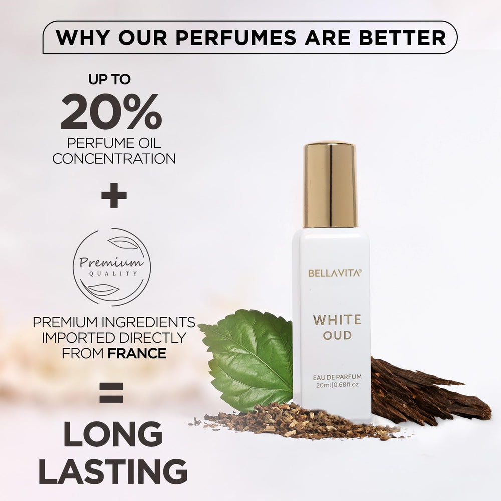 BellaVita Luxury White OUD Parfum, notas ámbar, calidez que acompaña días.