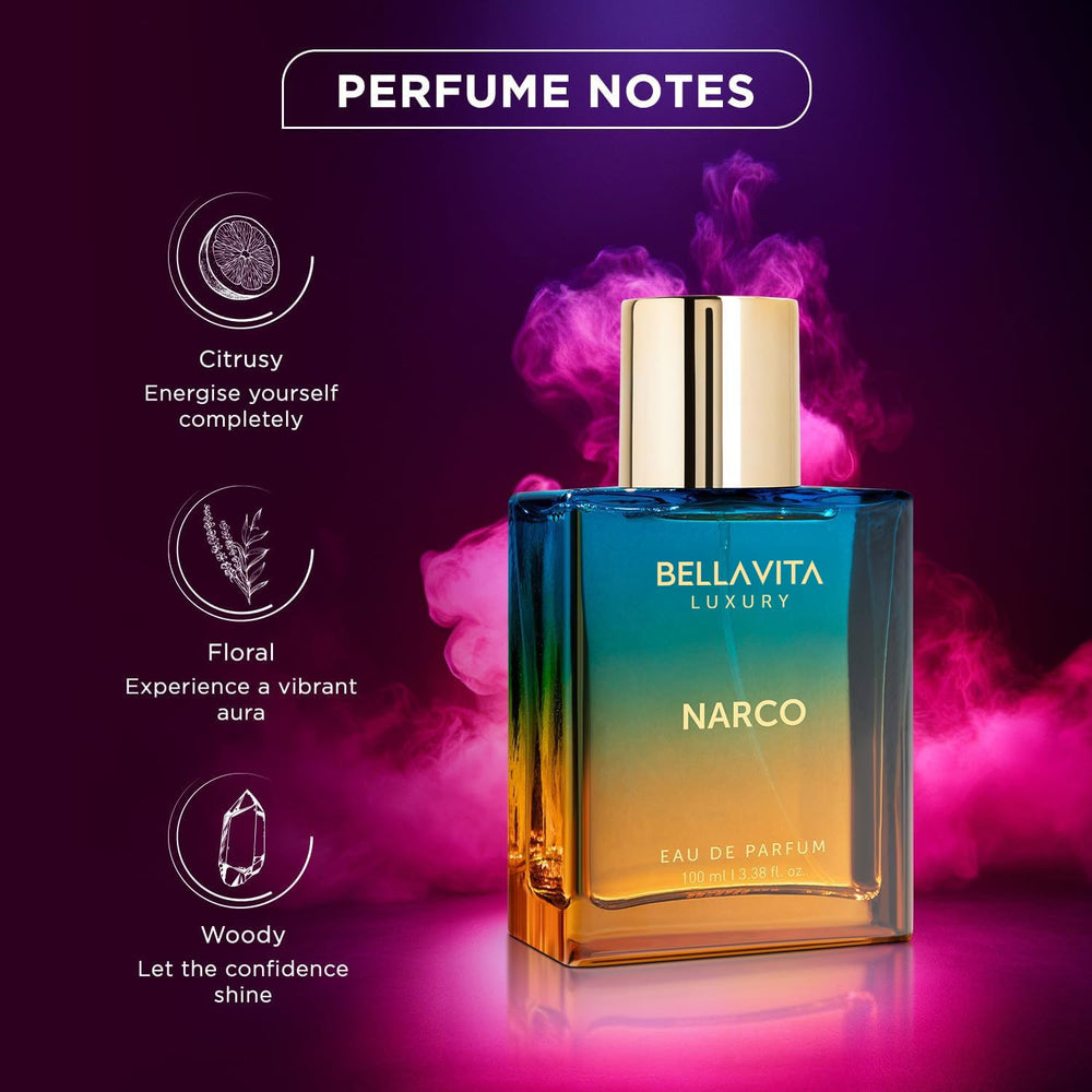 Bellavita Narco Unisex Perfume etiqueta, presentación elegante para regalo.
