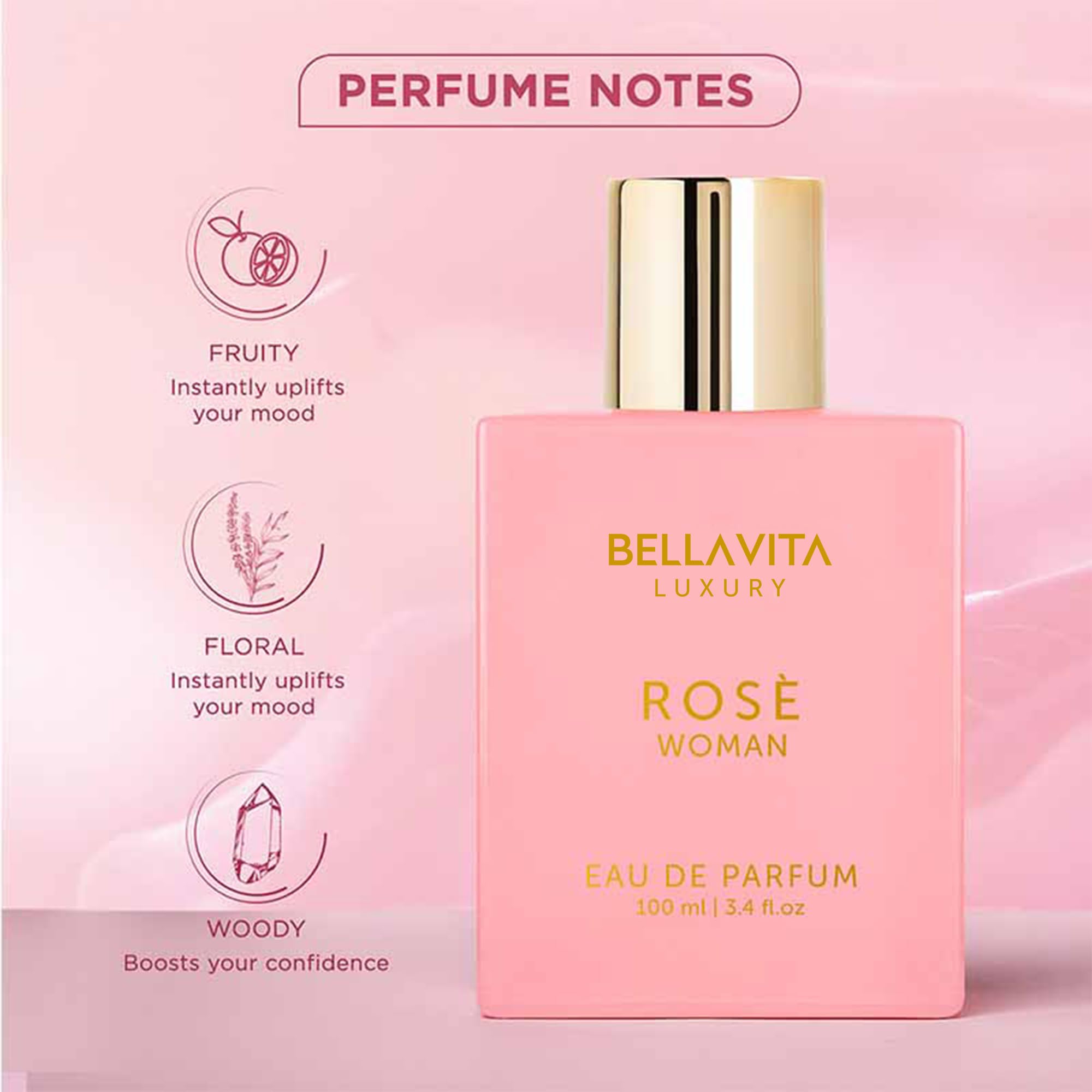 BellaVita Rose: notas de ámbar y vainilla destacadas en la fragancia.