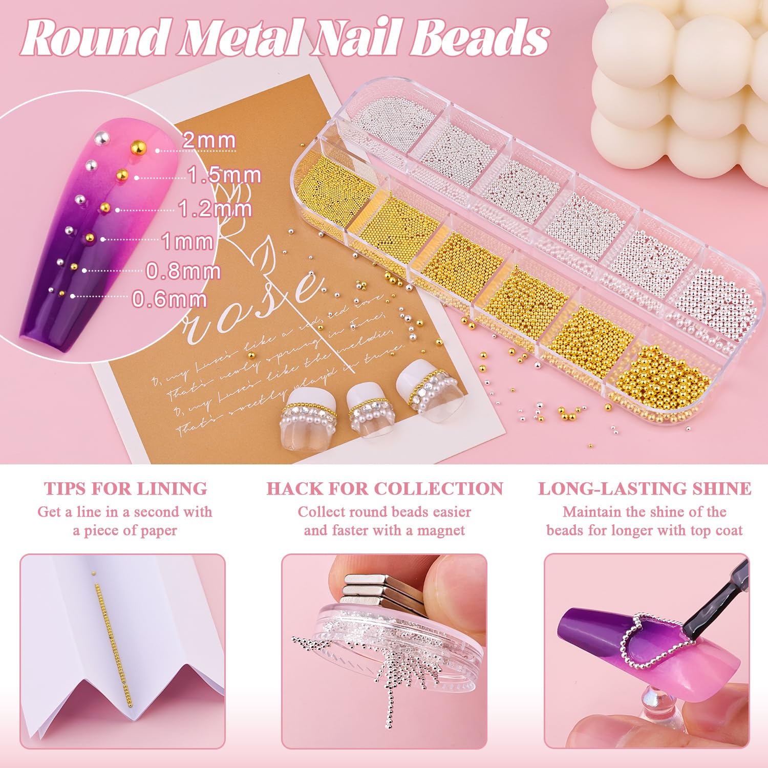 BELLEBOOST cuentas caviar metal plata-oro mini para acentos elegantes en uñas.