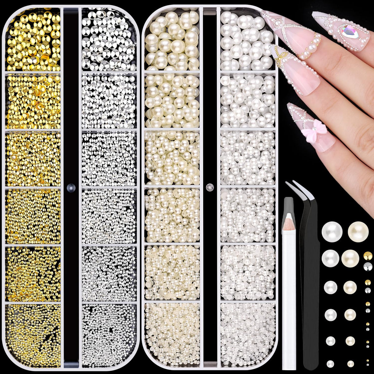 BELLEBOOST charms para uñas: cuentas metálicas doradas y plateadas para brillo duradero.