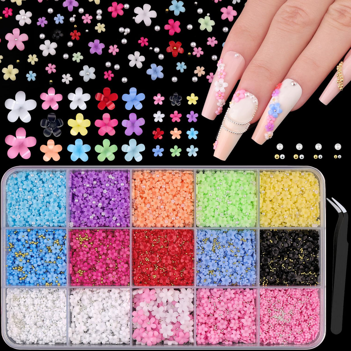 BELLEBOOST flores 3D coloridas para uñas, ideal para decoraciones llamativas.