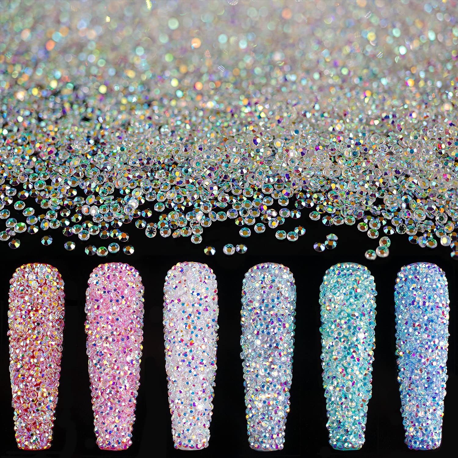 Piedras BELLEBOOST 1,2 mm AB iridiscentes para uñas con brillo espejo.