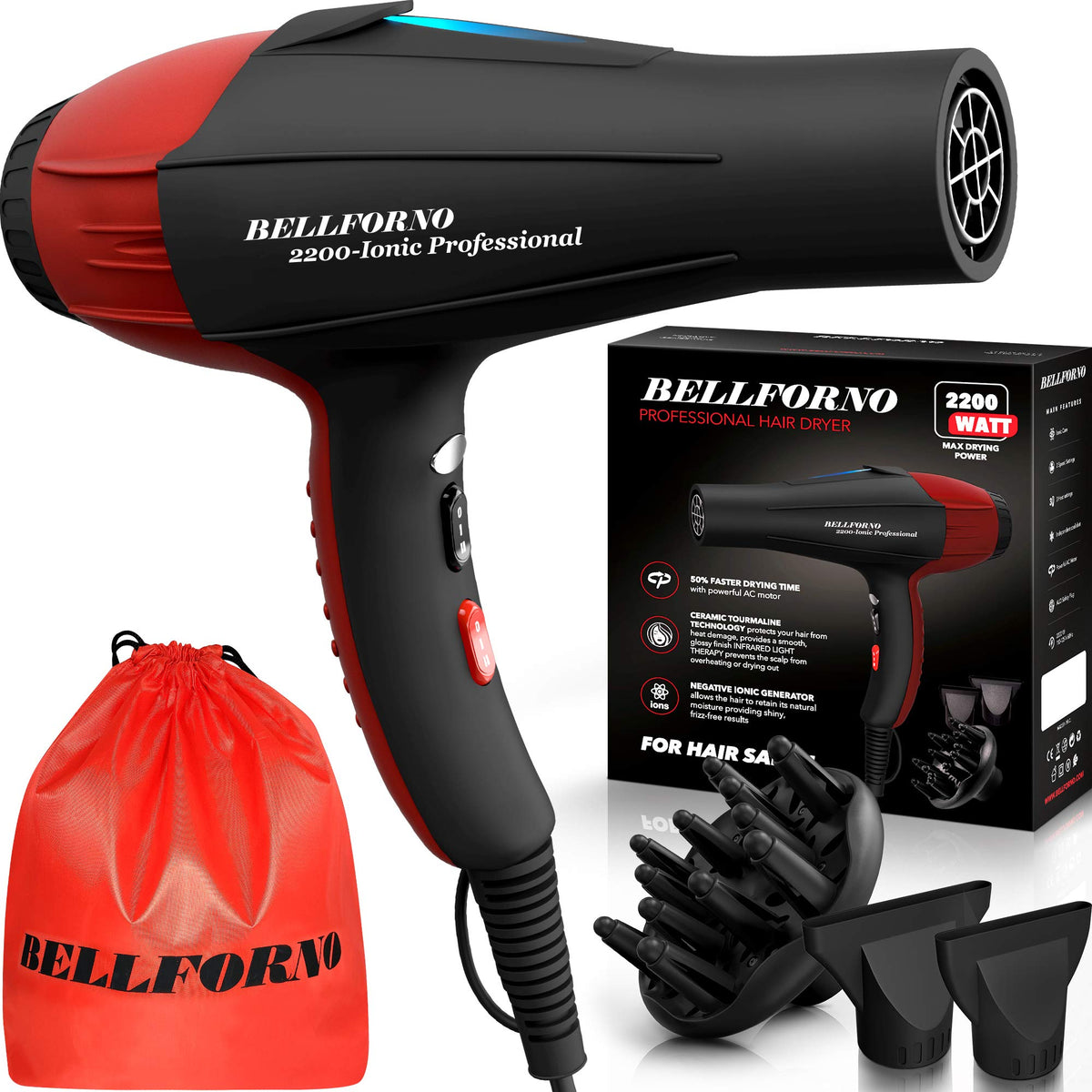 BELLFORNO secador ionico profesional con 2200W para secado rapido