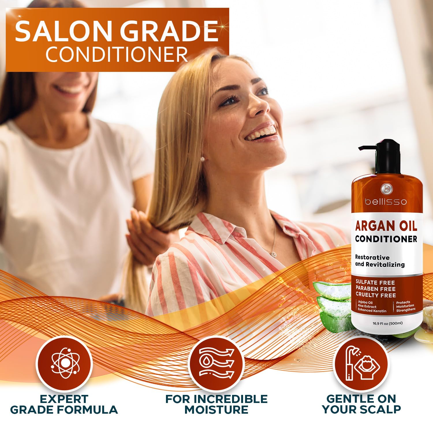 Bellisso Acondicionador de Argán: cabello mojado con brillo y cuerpo