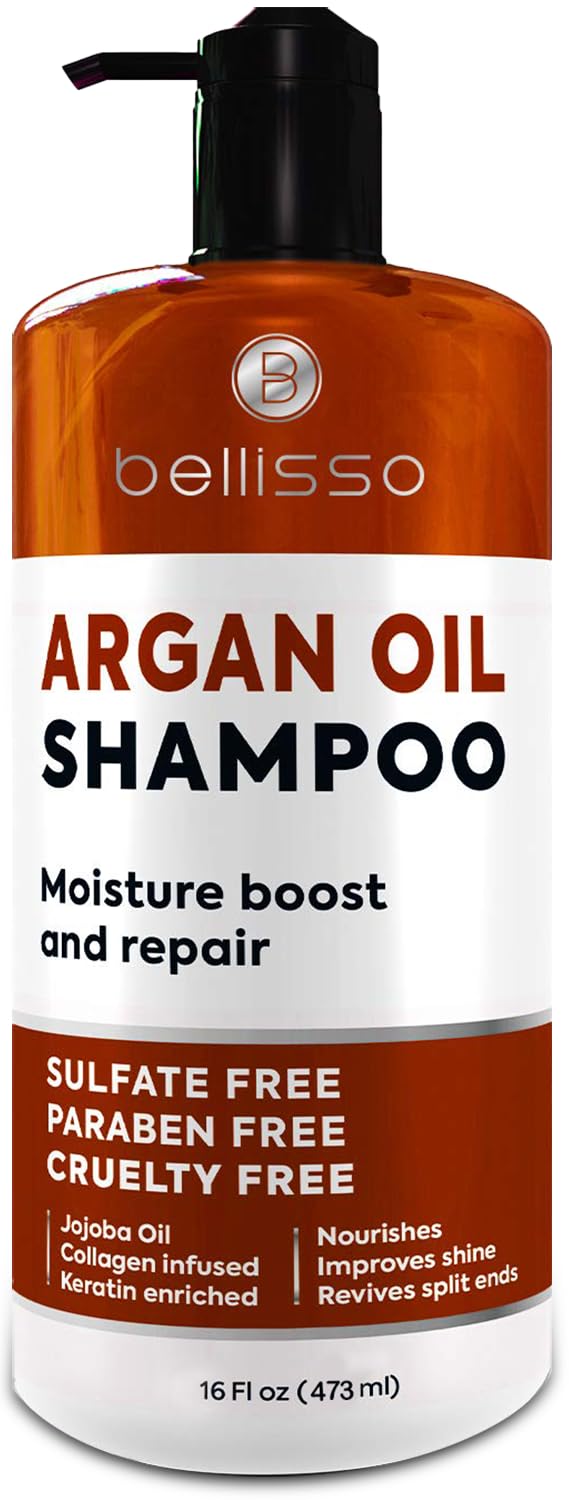Bellisso Champú de Argán, botella vertiendo, cuidado suave para cabello dañado