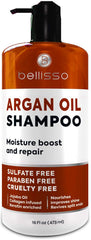 Bellisso Champú de Argán, botella vertiendo, cuidado suave para cabello dañado