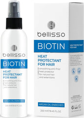 Bellisso biotin heat protection spray bottle ready for styling and frizz control.