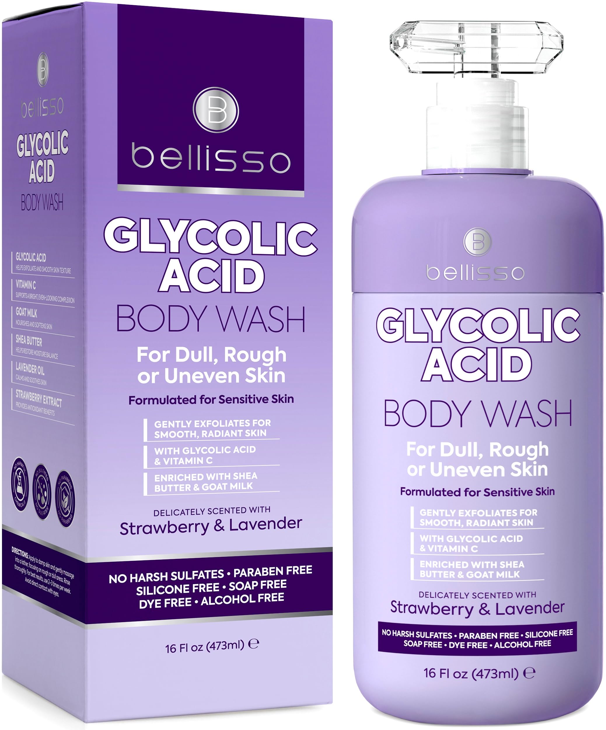Bellisso limpiador corporal glicólico: botella exfoliante para piel suave