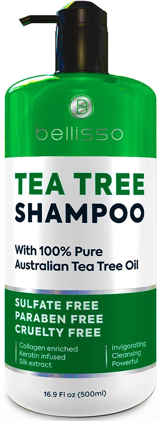 Bellisso champú árbol de té en botella limpia el cuero cabelludo