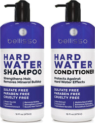 Bellisso hard water shampoo bottle removes mineral buildup while hydrating and refreshing hair.