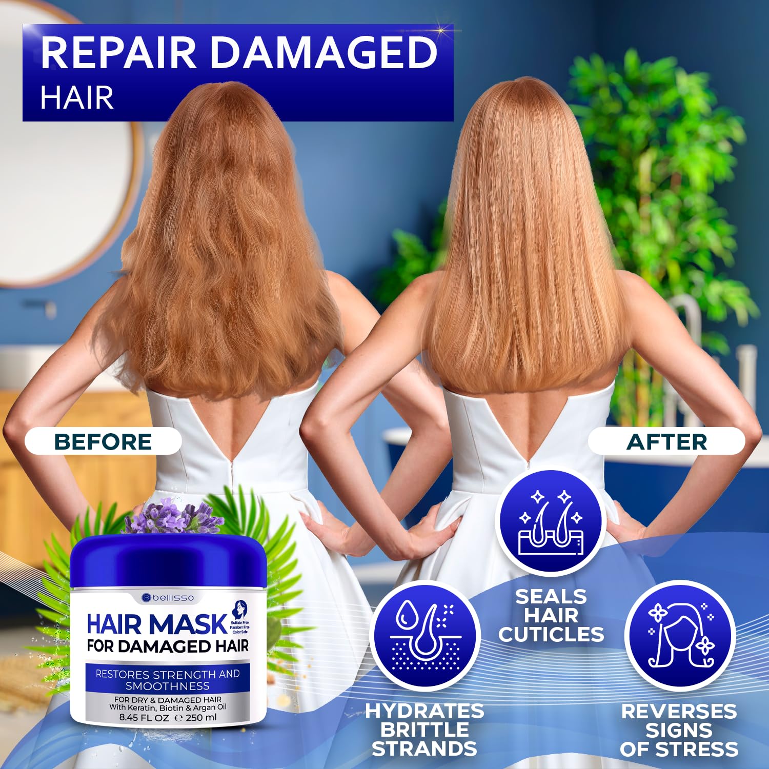Bellisso Mascarilla para cabello seco, hidratación intensa y suavidad suave.