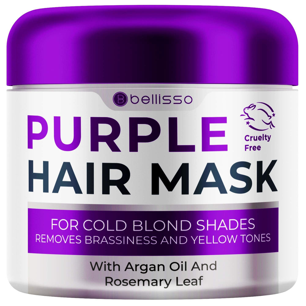 Bellisso mascarilla morada para cabello rubio, tono equilibrado y suave.