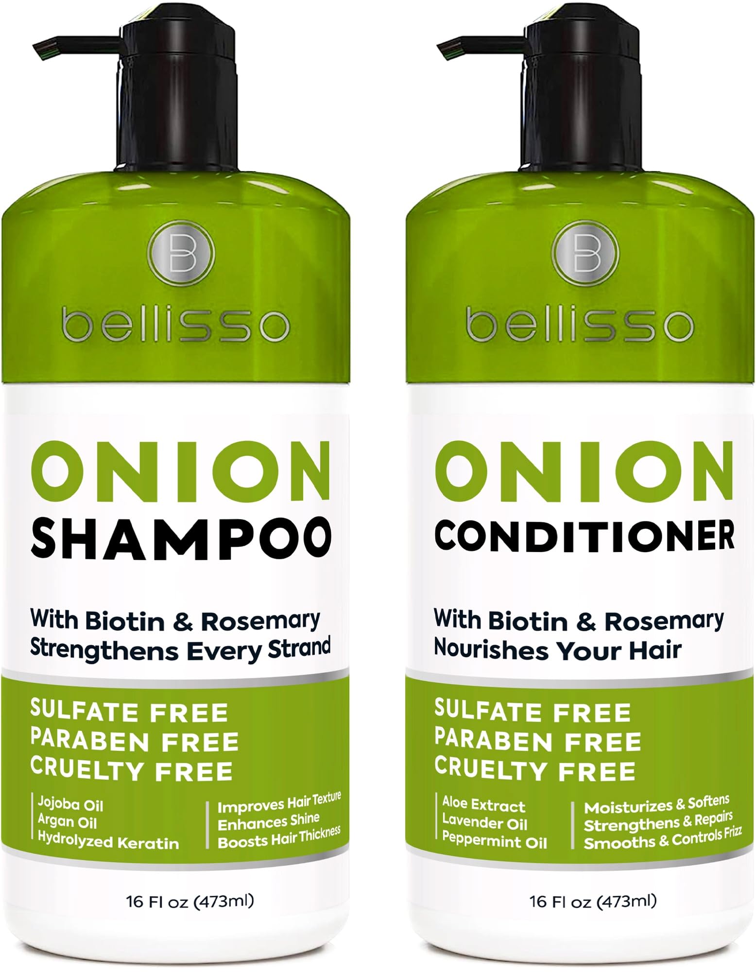 Bellisso Onion Rosemary Shampoo bottle promotes volumizing hair care for fuller-looking strands