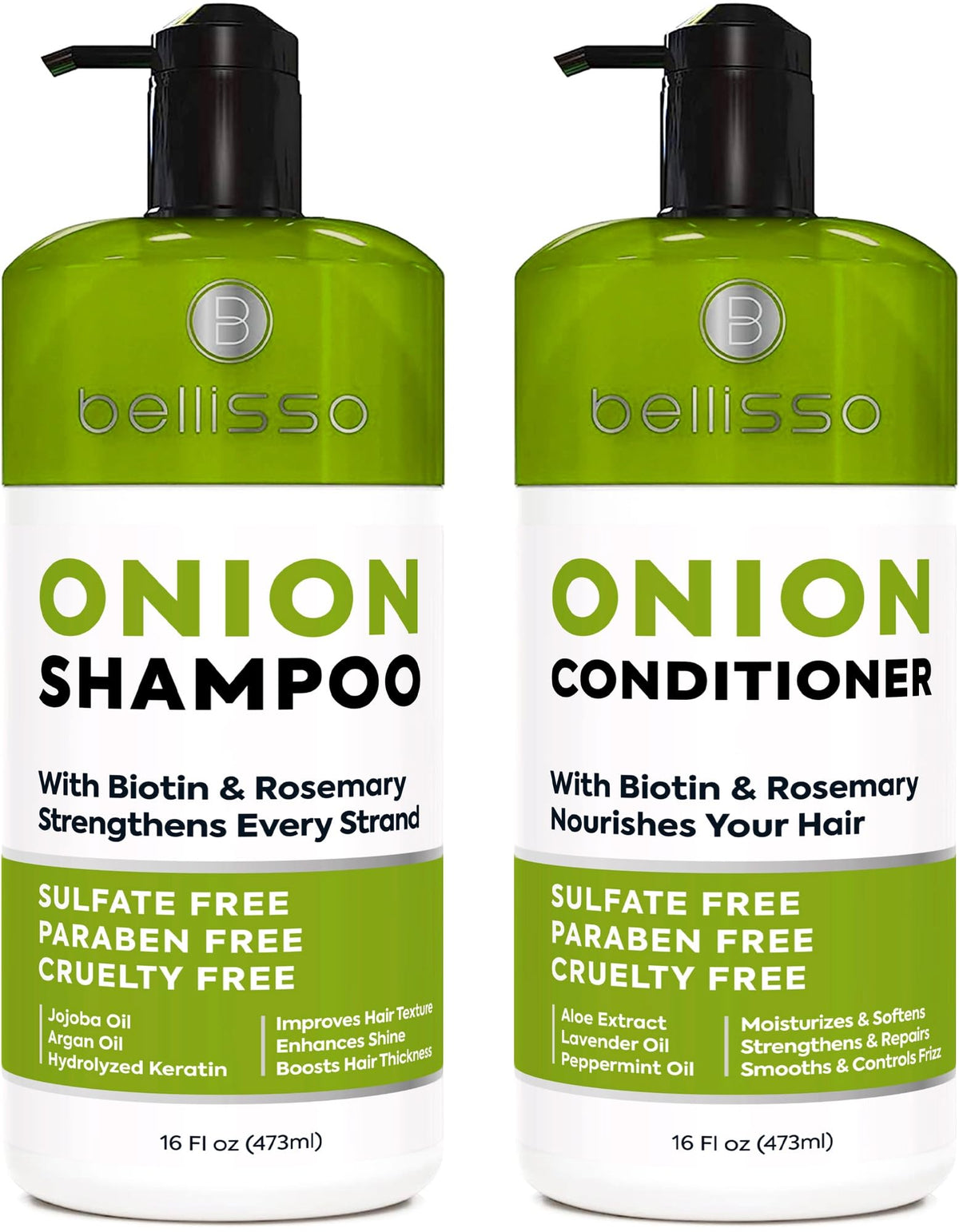 Bellisso Onion Rosemary Shampoo bottle promotes volumizing hair care for fuller-looking strands