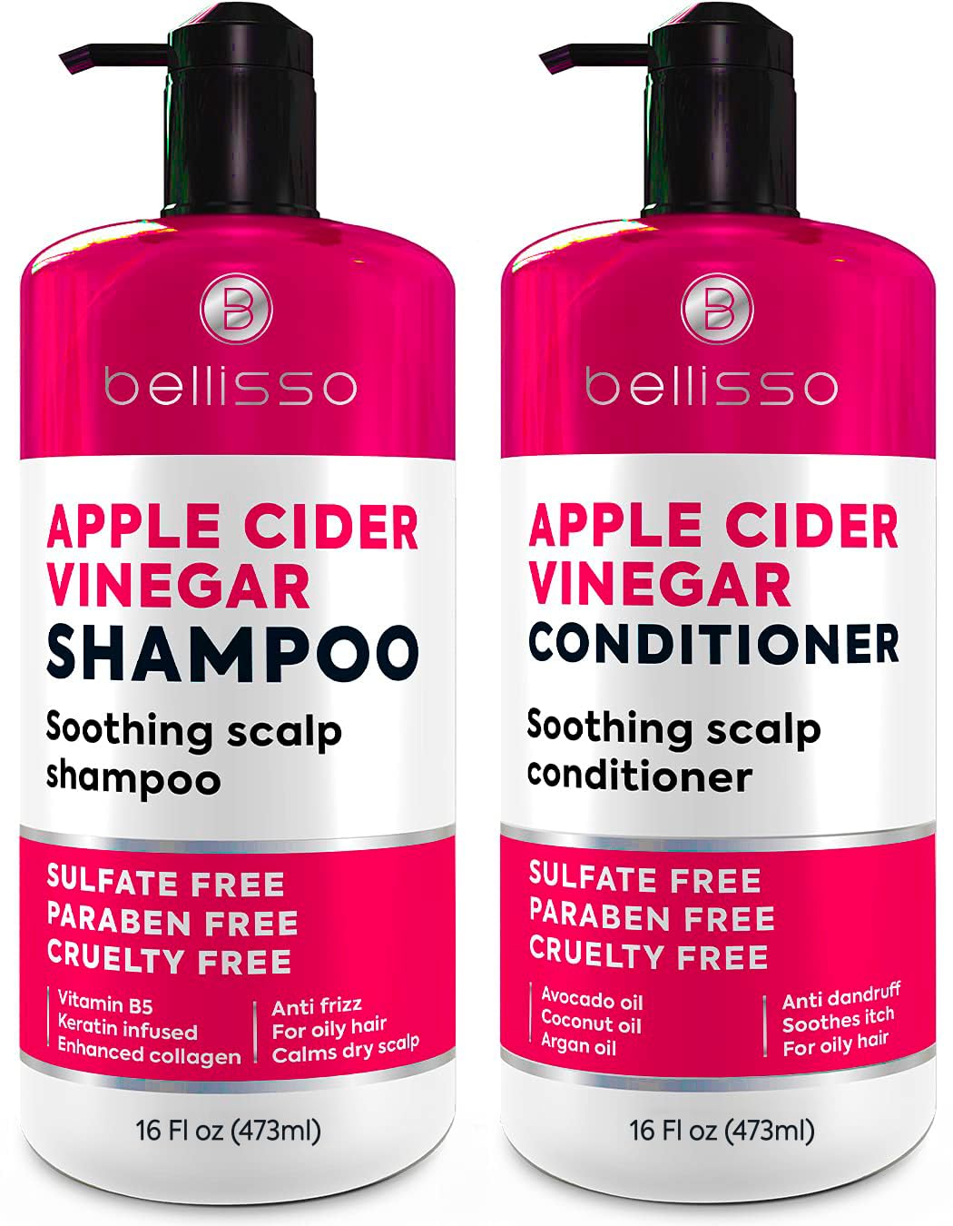 BELLISSO Shampoing vinaigre de pomme flacon — purifie le cuir chevelu.