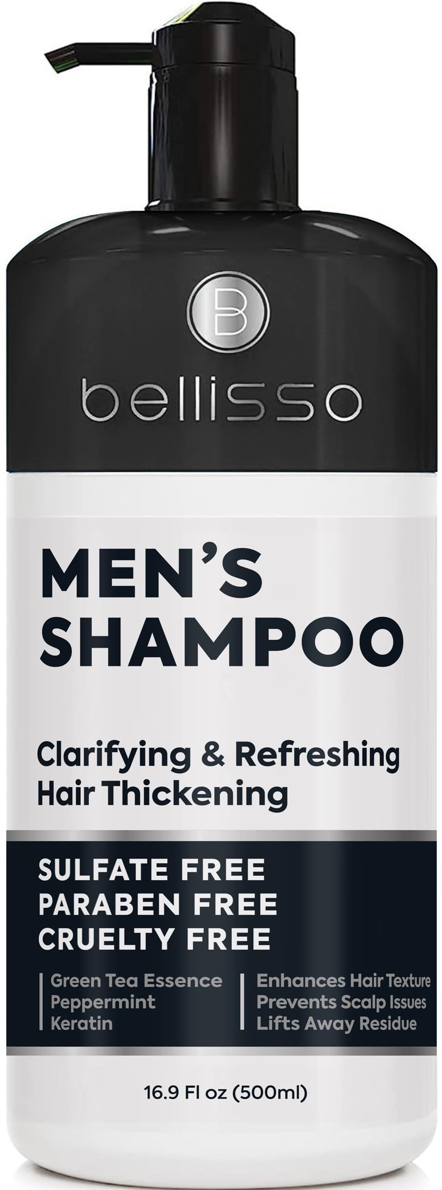 Shampoo Bellisso para hombre con arbol de te y menta ofrece limpieza profunda.