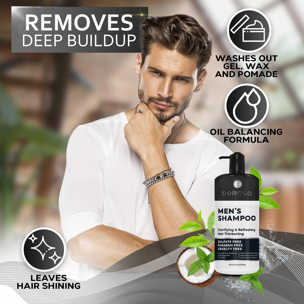 Bellisso shampoo hombre elimina grasa y residuo para cabello ligero y con volumen.
