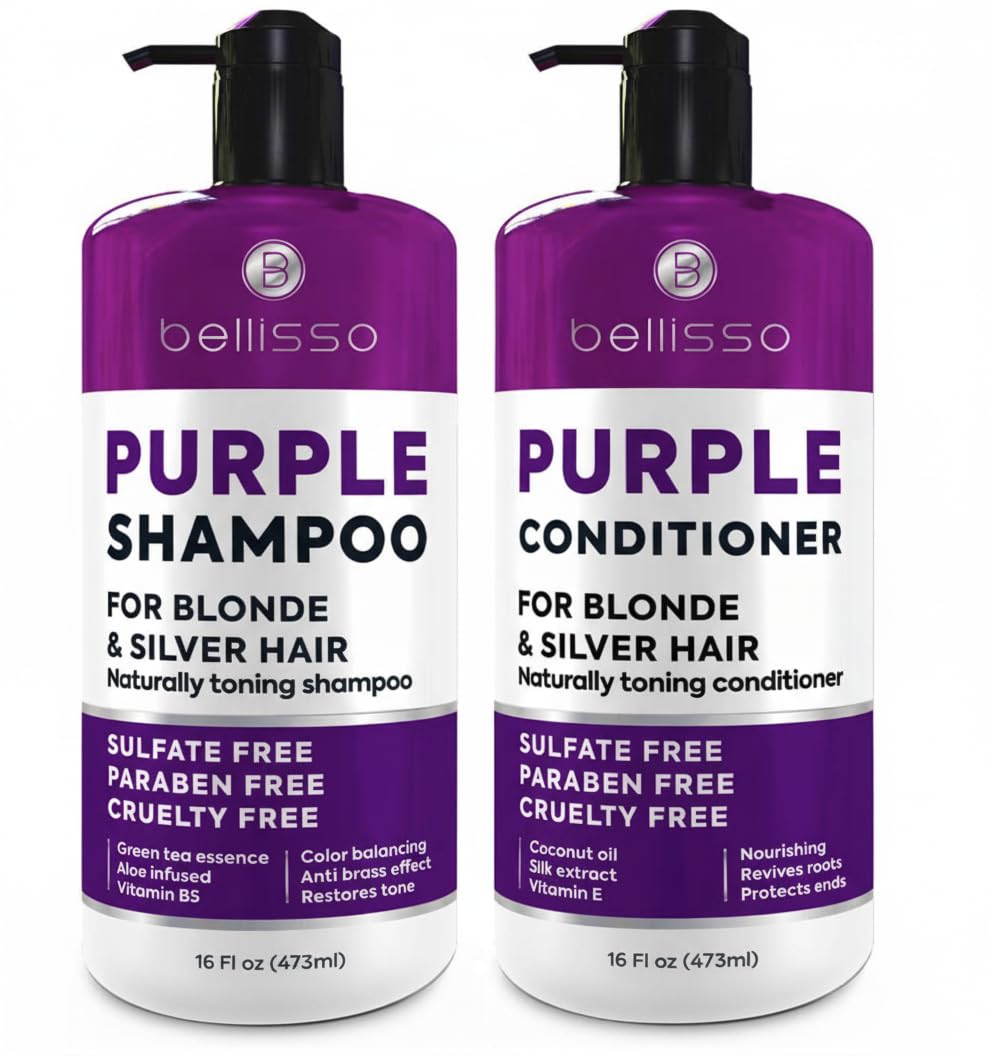 Bellisso champú morado vertido en botella, brillo intenso y tono uniforme