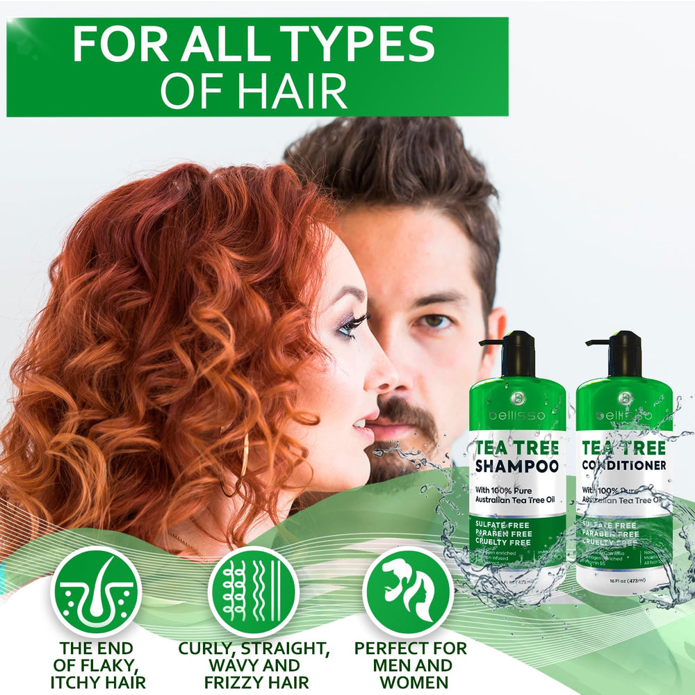 Bellisso Tea Tree Conditioner close-up shows vitamin B5 and collagen nourishment.