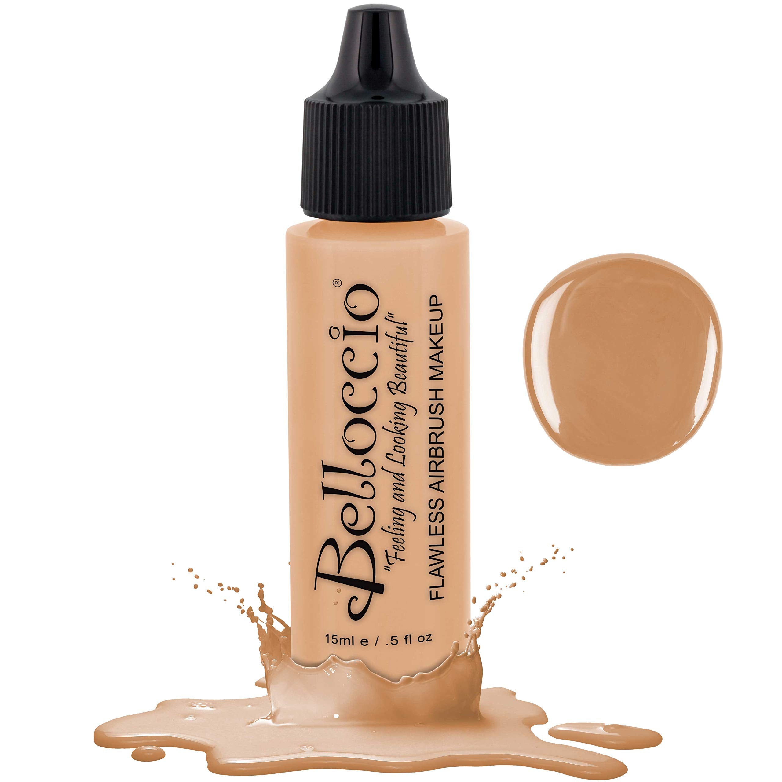 Belloccio airbrush foundation bottle front view for quick, flawless coverage.