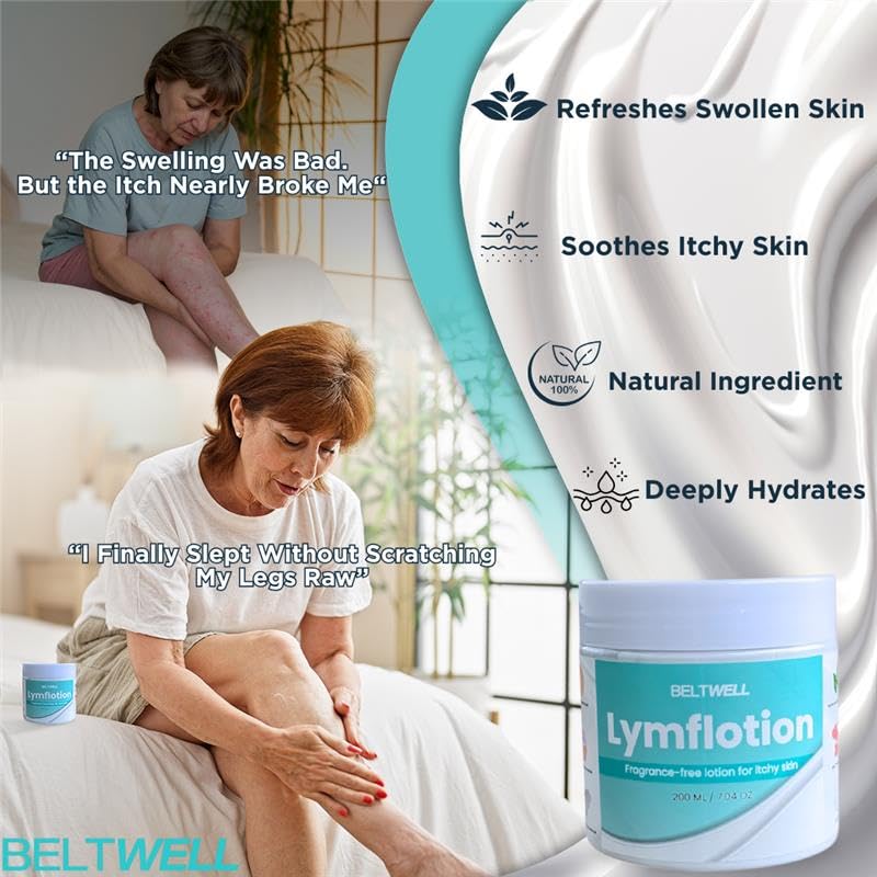 Massage apaisant avec Beltwell Lymflotion sur jambes et bras.