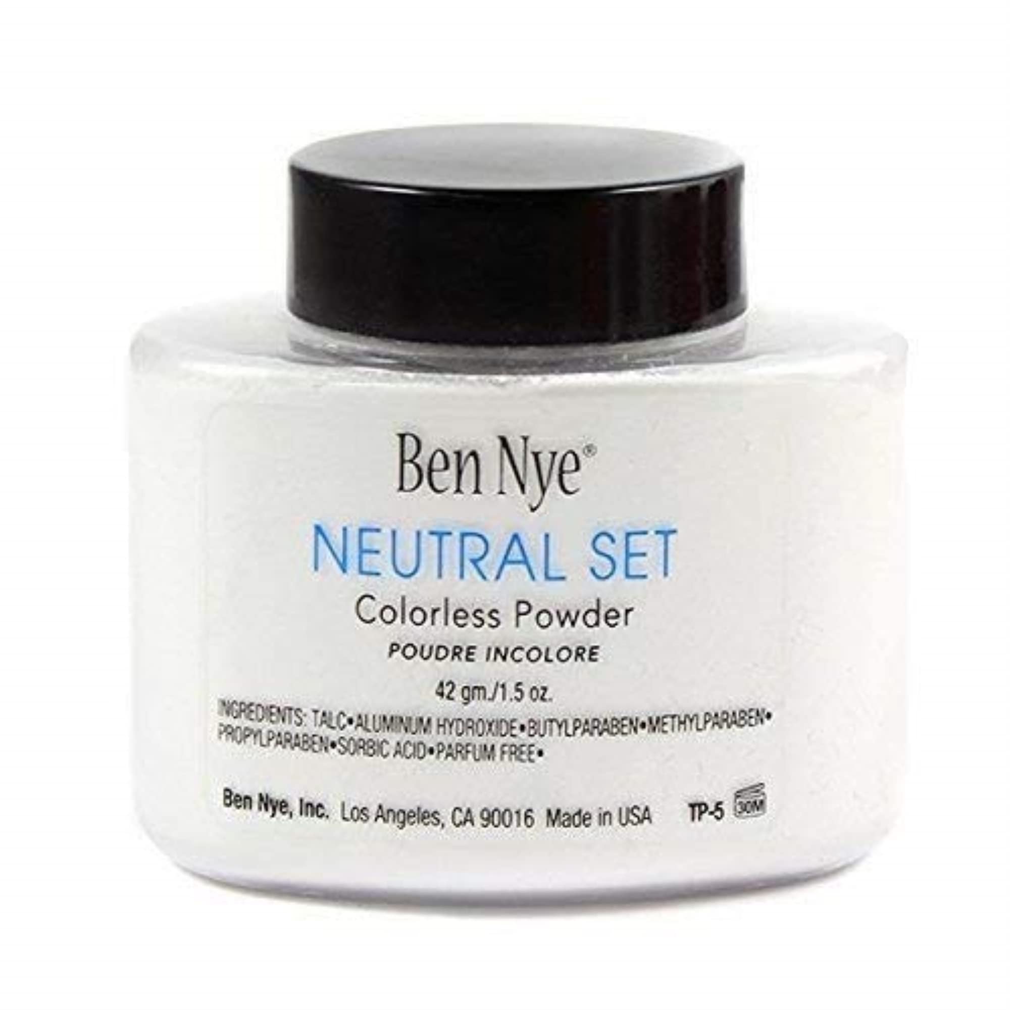 Ben Nye polvo fijador neutro para uso diario, control de brillo y textura suave.