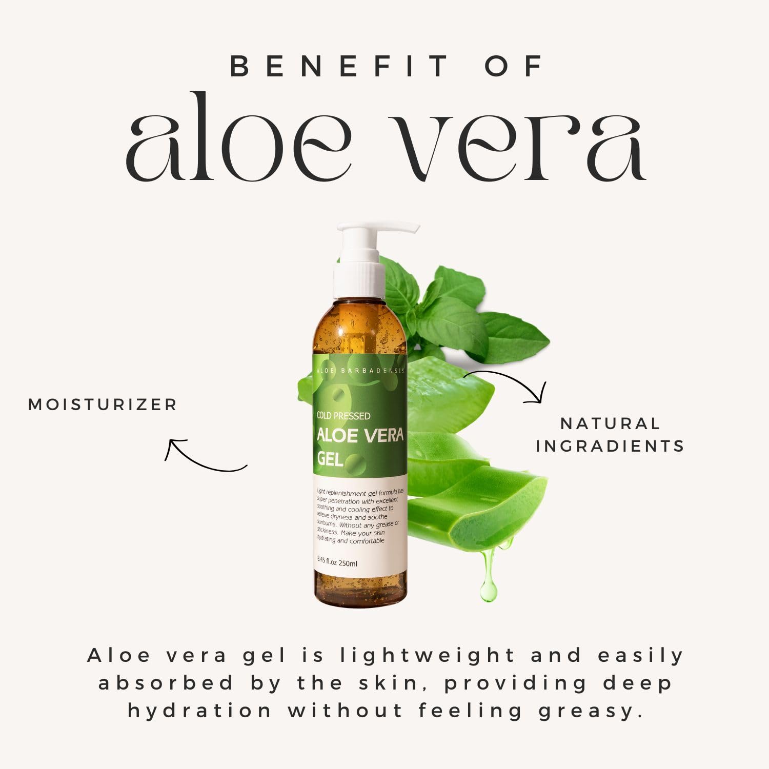 Benatu Aloe Vera Gel, aplicación en piel para hidratación diaria.