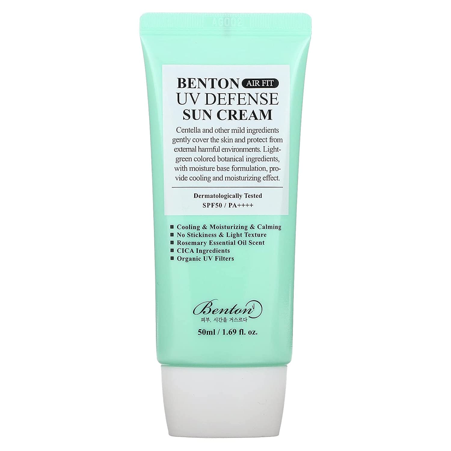 BENTON Air Fit UV Defense Sun Cream, botella elegante y protección solar suave.