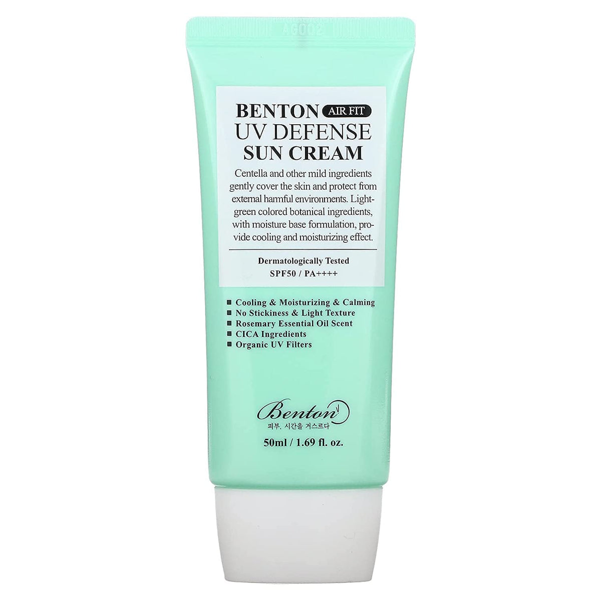 BENTON Air Fit UV Defense Sun Cream, botella elegante y protección solar suave.