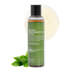BENTON Deep Green Tea Toner, botella abierta, refresca la piel.