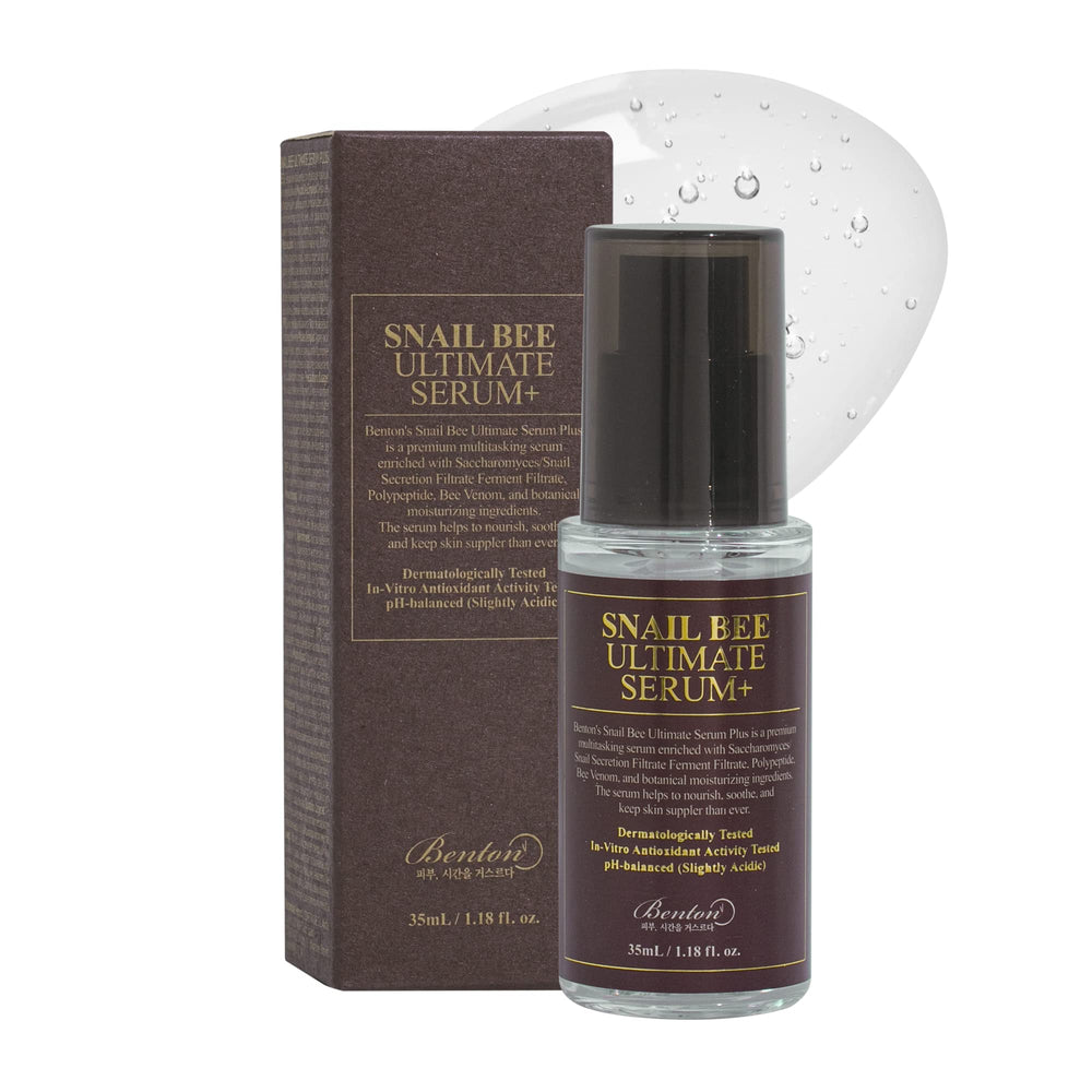 BENTON Snail Bee Serum en empaque elegante para la piel sensible.