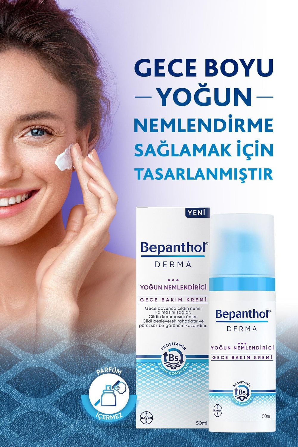 Bepanthol Derma Intensivo aplicación nocturna tras la limpieza del rostro.