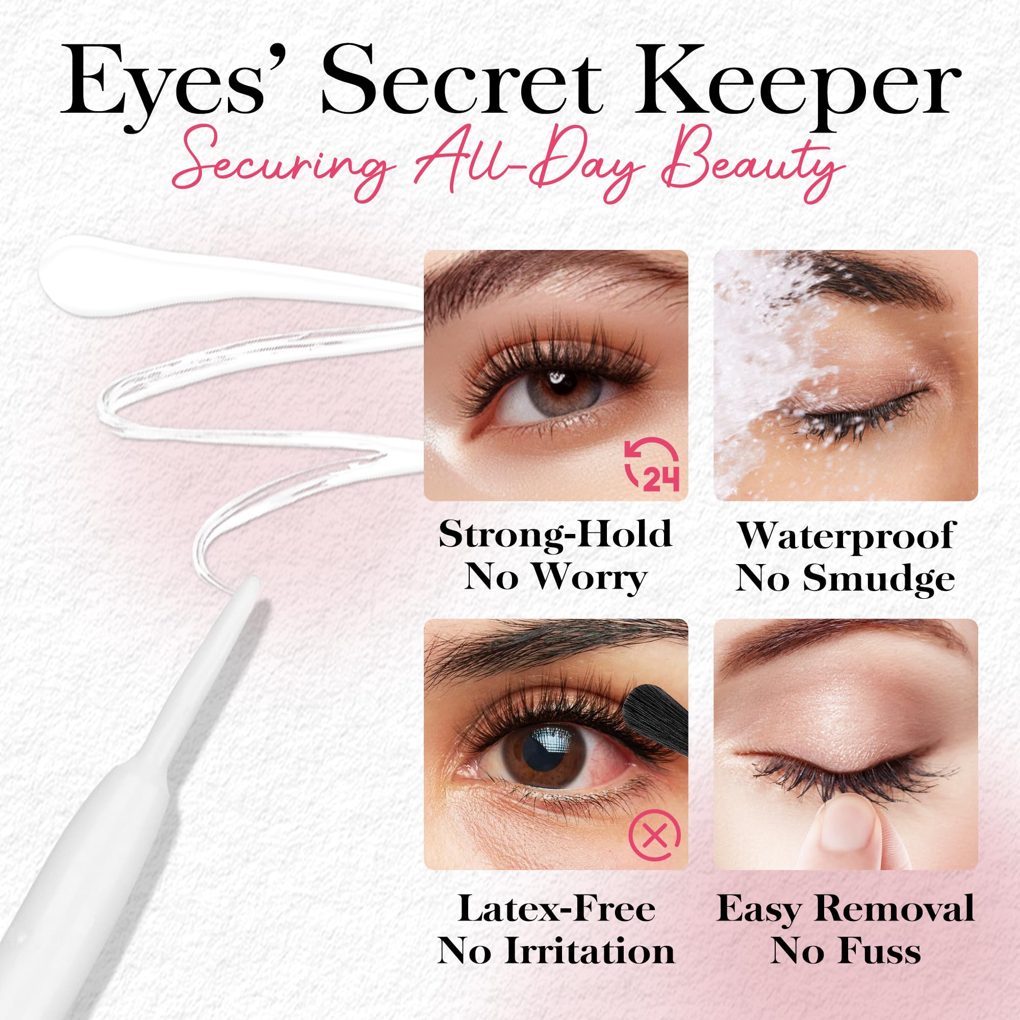 Fórmula sin látex de BEPHOLAN cuida ojos sensibles durante la aplicación.