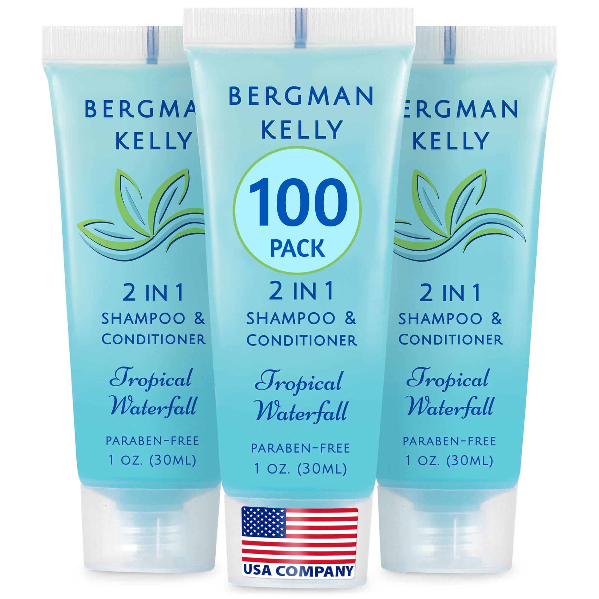 Bergman Kelly 2-en-1 Shampoing après-shampoing Tropical Waterfall, bouteille 1oz, revitalisant pour les voyageurs.