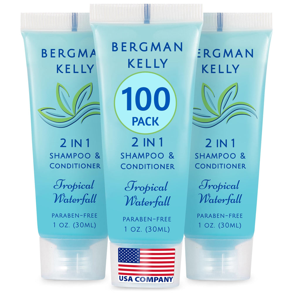 Bergman Kelly 2-en-1 Shampoing après-shampoing Tropical Waterfall, bouteille 1oz, revitalisant pour les voyageurs.