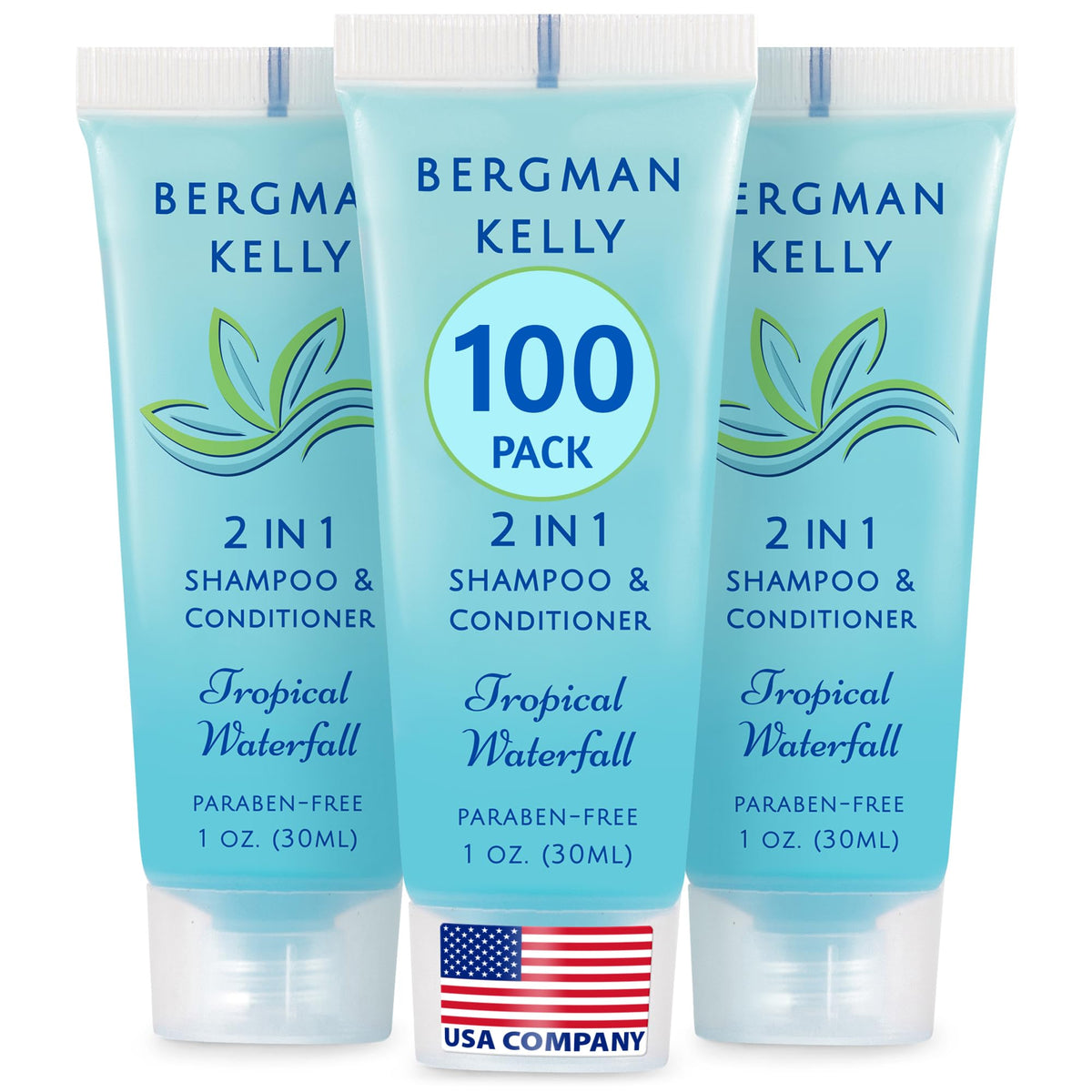 Bergman Kelly 2-en-1 Shampoing après-shampoing Tropical Waterfall, bouteille 1oz, revitalisant pour les voyageurs.