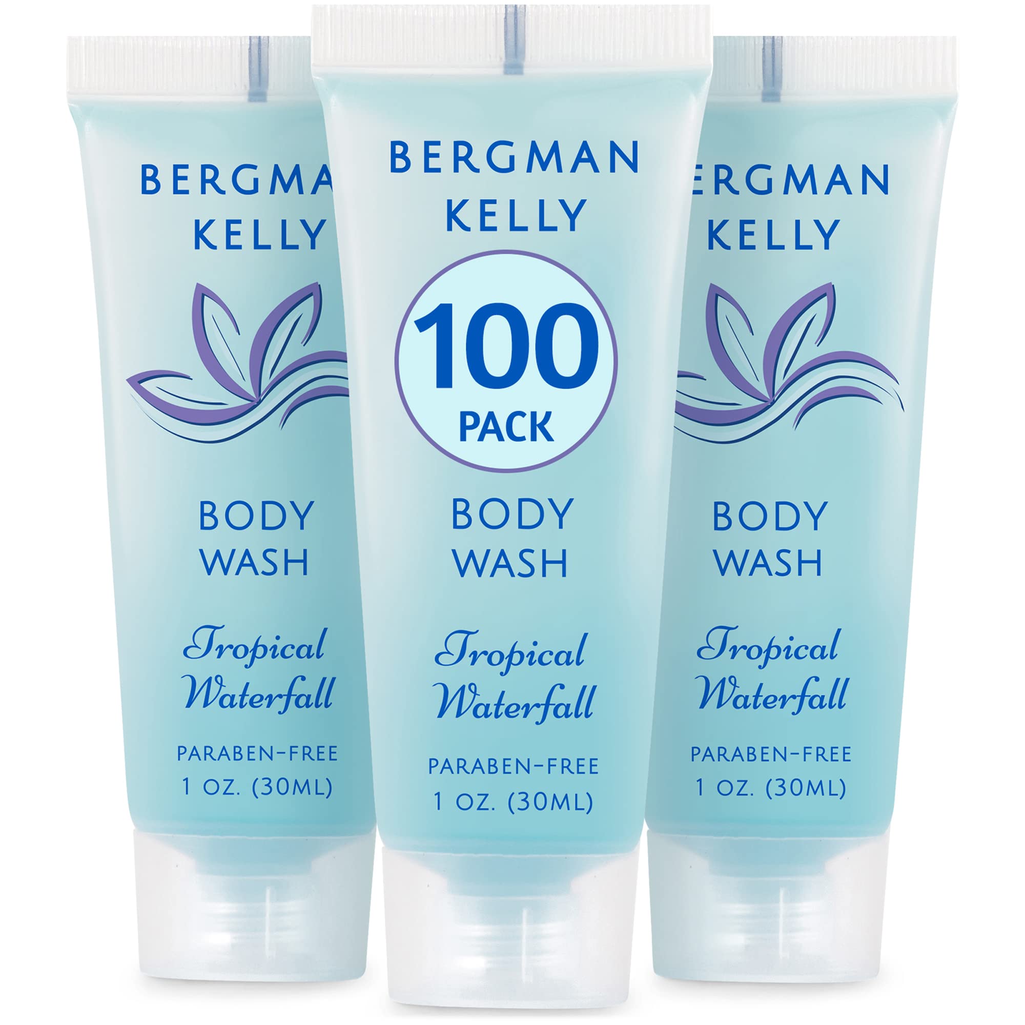 Gel de ducha Bergman Kelly de 1oz con cascada tropical, ideal para viajes.